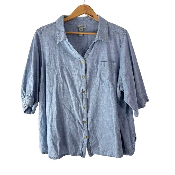 Catherines Womens Button‎ Up Top Size 2X Linen Blend Blue Chambray 3/4 Sleeve - Picture 1 of 5